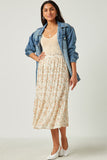 HY5712 Ivory Womens Crinkle Textured Floral Ruffle Midi Skirt Full Body 2