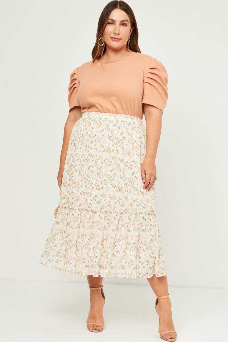 Crinkle Textured Floral Ruffle Midi Skirt