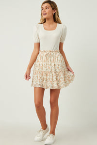 HY5713 Ivory Womens Crinkle Textured Elastic Waist Tiered Skirt Full Body