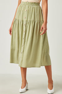 HY5715 Sage Womens Gingham Elastic Waist Button Down Skirt Full Body