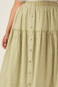 HY5715W Sage Plus Gingham Elastic Waist Button Down Skirt Full Body