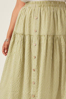 HY5715W Sage Plus Gingham Elastic Waist Button Down Skirt Full Body