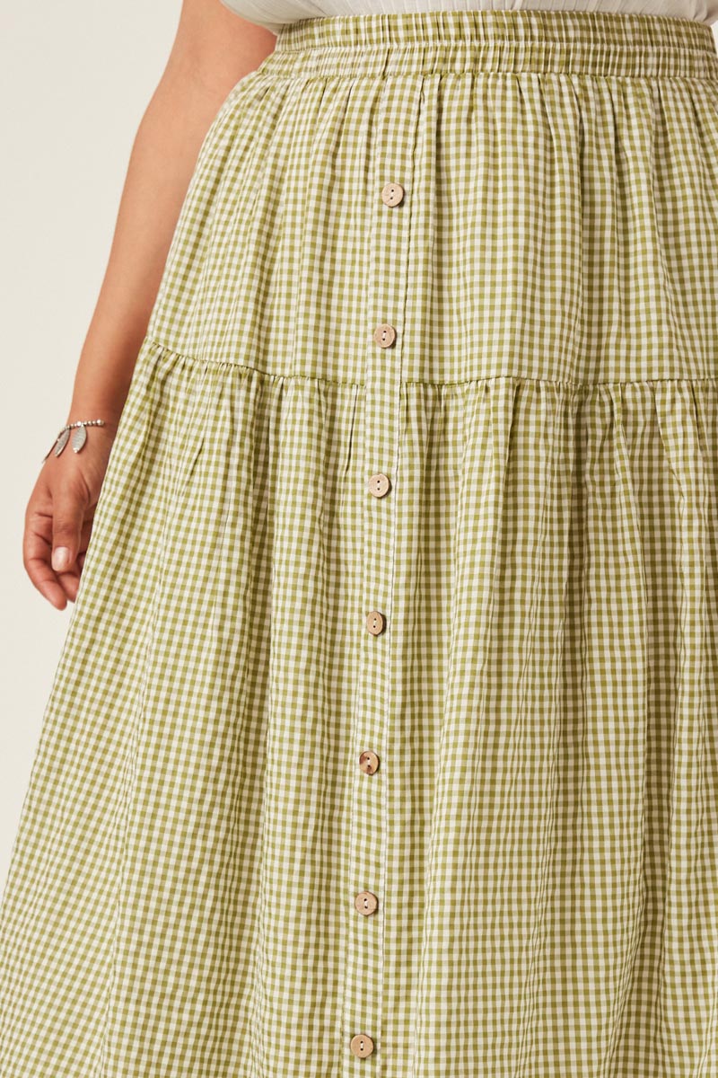 Gingham Elastic Waist Button Down Skirt