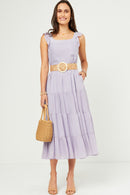 HY5718 Lavender Womens Textured Stripe Ruffle Sleeve Button Detail Tiered Dress Full Body