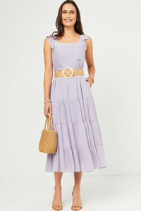 HY5718 Lavender Womens Textured Stripe Ruffle Sleeve Button Detail Tiered Dress Full Body