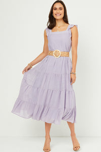 HY5718W Lavender Plus Textured Stripe Ruffle Sleeve Button Detail Tiered Dress Full Body