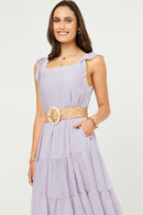 HY5718W Lavender Plus Textured Stripe Ruffle Sleeve Button Detail Tiered Dress Gif