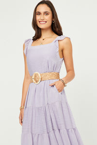 HY5718W Lavender Plus Textured Stripe Ruffle Sleeve Button Detail Tiered Dress Gif