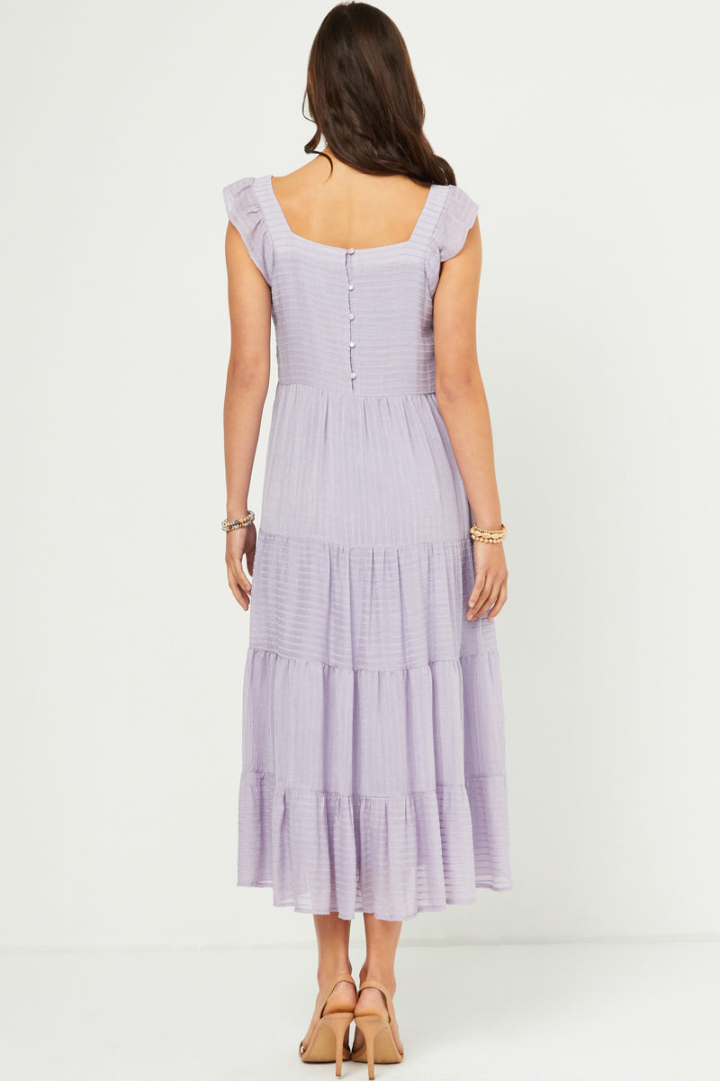HY5718W Lavender Plus Textured Stripe Ruffle Sleeve Button Detail Tiered Dress Front