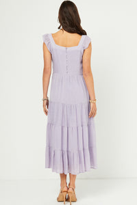 HY5718W Lavender Plus Textured Stripe Ruffle Sleeve Button Detail Tiered Dress Front