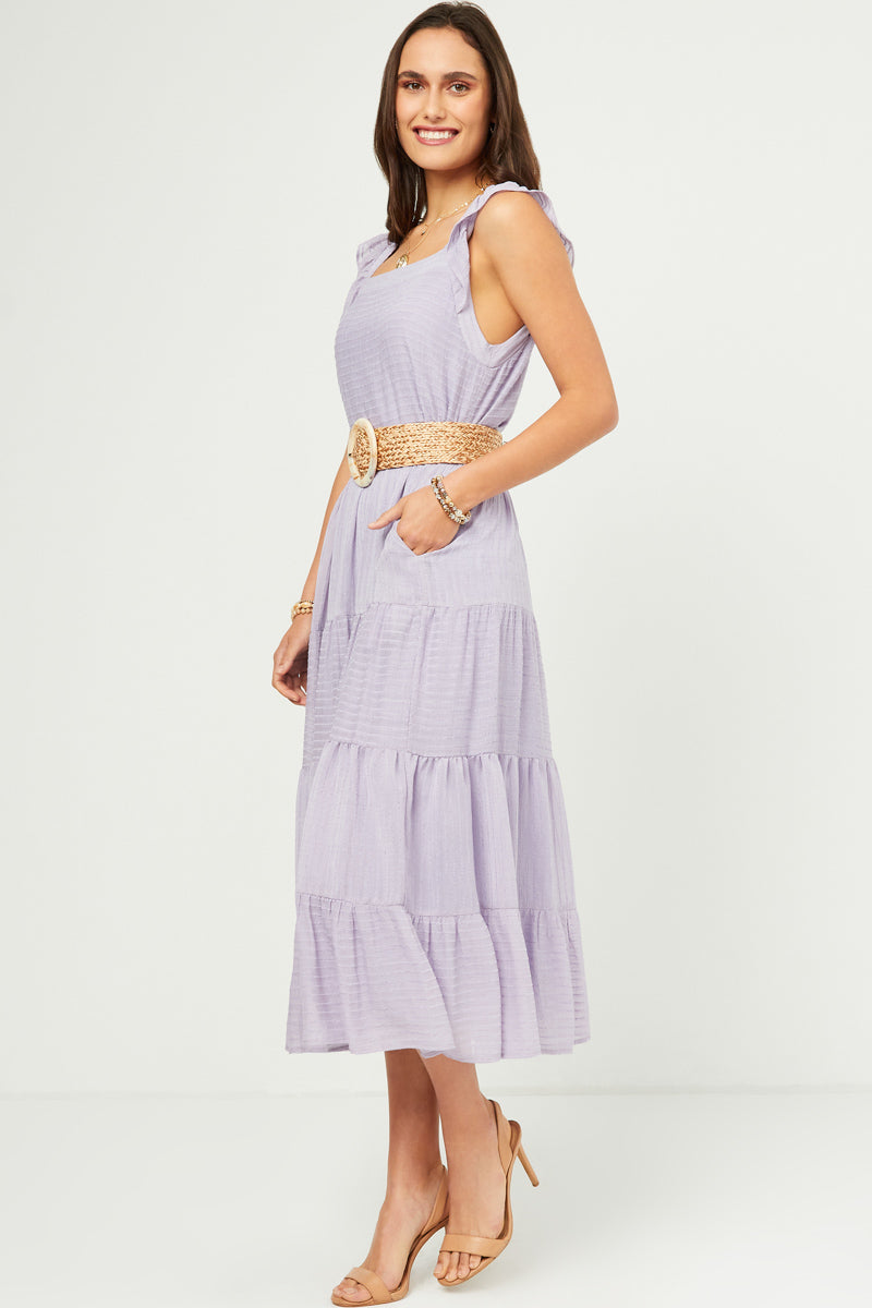 HY5718W Lavender Plus Textured Stripe Ruffle Sleeve Button Detail Tiered Dress Side