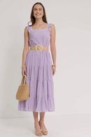 HY5718 Lavender Womens Textured Stripe Ruffle Sleeve Button Detail Tiered Dress Side