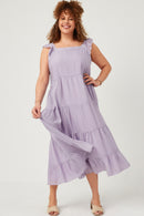 HY5718W Lavender Plus Textured Stripe Ruffle Sleeve Button Detail Tiered Dress Full Body