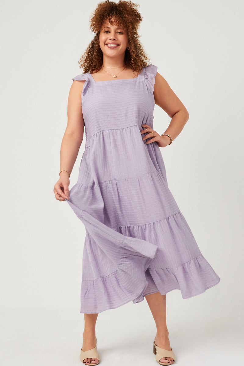 Textured Stripe Ruffle Sleeve Button Detail Tiered Dress