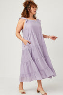 HY5718 Lavender Womens Textured Stripe Ruffle Sleeve Button Detail Tiered Dress Pose