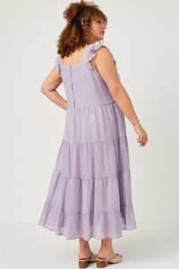 HY5718 Lavender Womens Textured Stripe Ruffle Sleeve Button Detail Tiered Dress Front