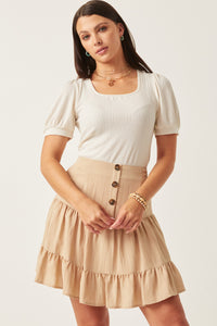 HY5722W IVORY Plus Scoop Neck Puff Sleeve Tie Detail Knit Bodysuit Front