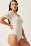 HY5722 Ivory Womens Scoop Neck Puff Sleeve Tie Detail Knit Bodysuit Gif