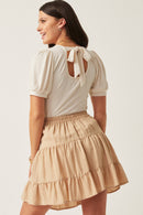 HY5722 Ivory Womens Scoop Neck Puff Sleeve Tie Detail Knit Bodysuit Detail