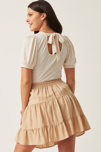 HY5722 Ivory Womens Scoop Neck Puff Sleeve Tie Detail Knit Bodysuit Detail