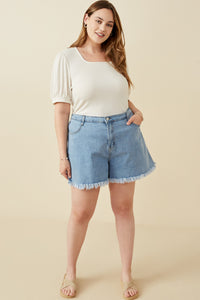 HY5722W IVORY Plus Scoop Neck Puff Sleeve Tie Detail Knit Bodysuit Full Body