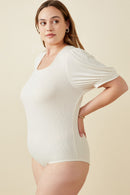 HY5722W IVORY Plus Scoop Neck Puff Sleeve Tie Detail Knit Bodysuit Side