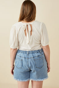 HY5722W IVORY Plus Scoop Neck Puff Sleeve Tie Detail Knit Bodysuit Back