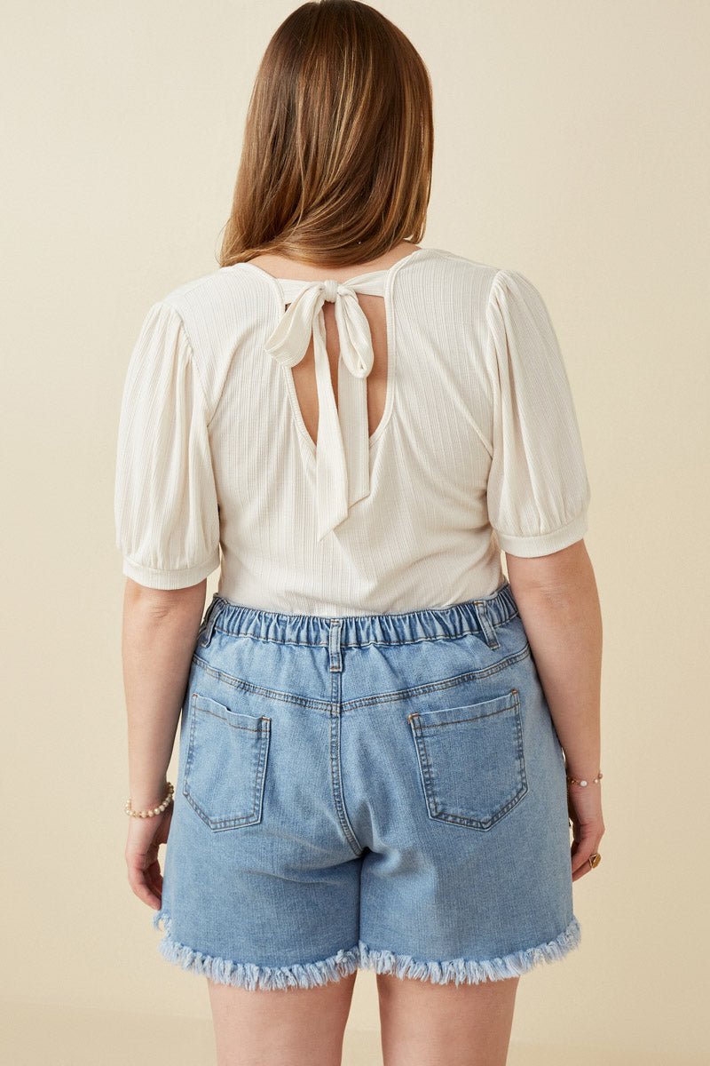 HY5722W IVORY Plus Scoop Neck Puff Sleeve Tie Detail Knit Bodysuit Back