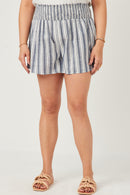 HY5752W Blue Plus Heathered Stripe Smocked Waist Soft Shorts Gif