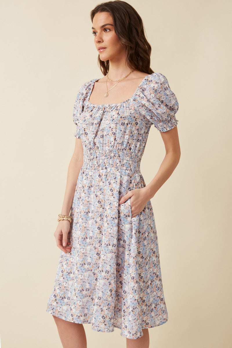 Floral Print Smock Detail Puff Sleeve Mini Dress