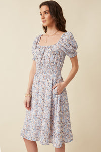 HY5848 Blue Womens Floral Print Smock Detail Puff Sleeve Mini Dress Front
