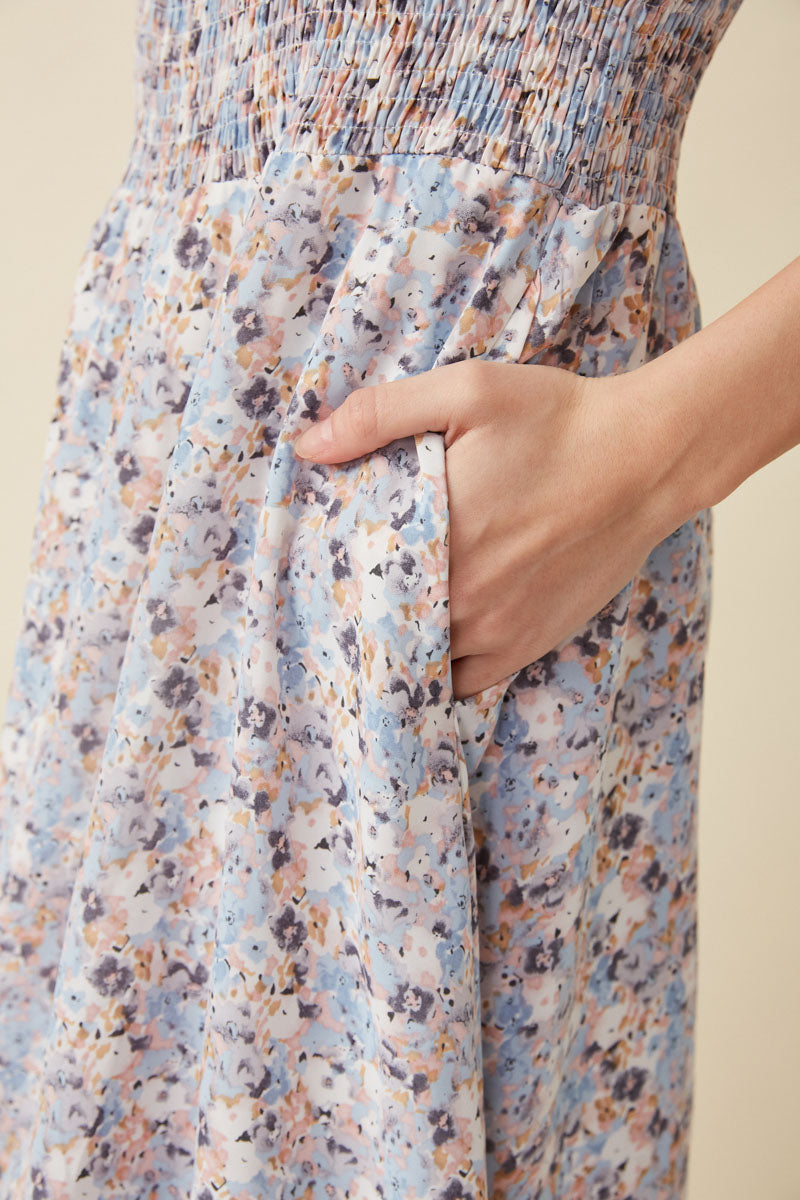 HY5848W Blue Plus Floral Print Smock Detail Puff Sleeve Mini Dress Full Body