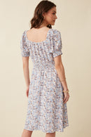 HY5848W Blue Plus Floral Print Smock Detail Puff Sleeve Mini Dress Gif