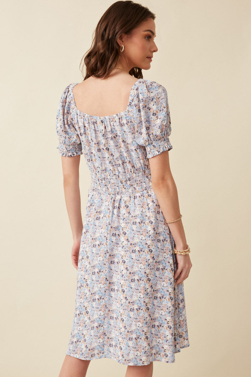HY5848W Blue Plus Floral Print Smock Detail Puff Sleeve Mini Dress Gif