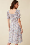 HY5848W Blue Plus Floral Print Smock Detail Puff Sleeve Mini Dress Gif