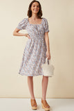 HY5848W Blue Plus Floral Print Smock Detail Puff Sleeve Mini Dress Side