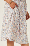HY5848 Blue Womens Floral Print Smock Detail Puff Sleeve Mini Dress Detail