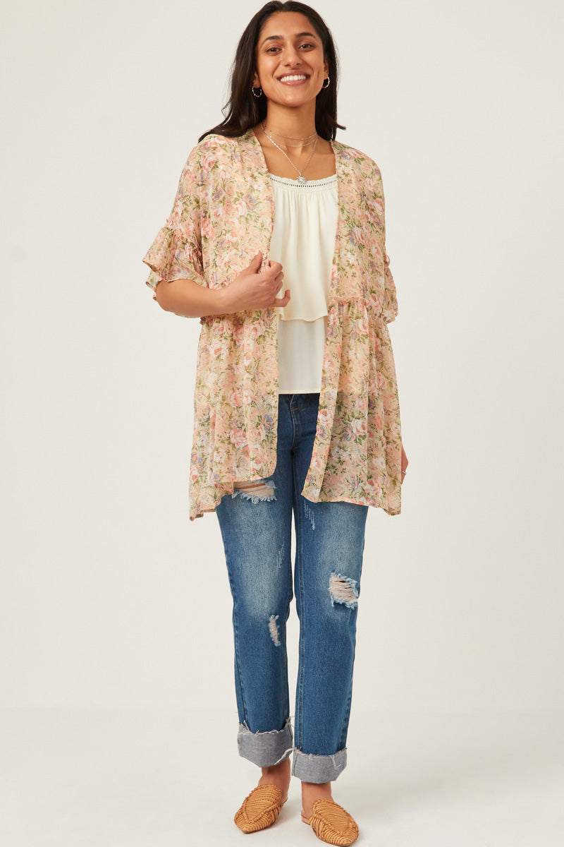 Antique Romantic Floral Ruffle Sleeve Open Kimono