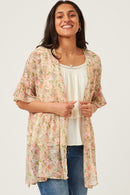 HY5927 Pink Womens Antique Romantic Floral Ruffle Sleeve Open Kimono Front