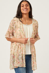 HY5927 Pink Womens Antique Romantic Floral Ruffle Sleeve Open Kimono Front