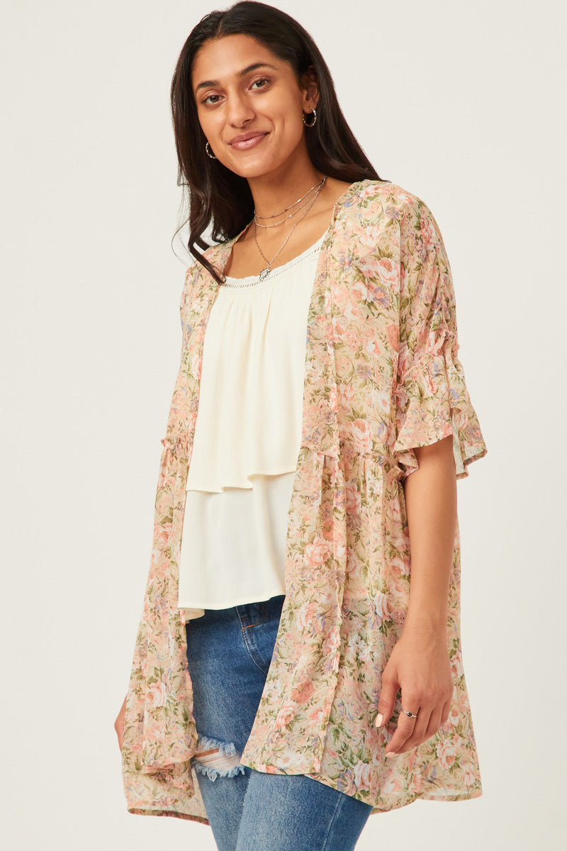 HY5927 Pink Womens Antique Romantic Floral Ruffle Sleeve Open Kimono Side