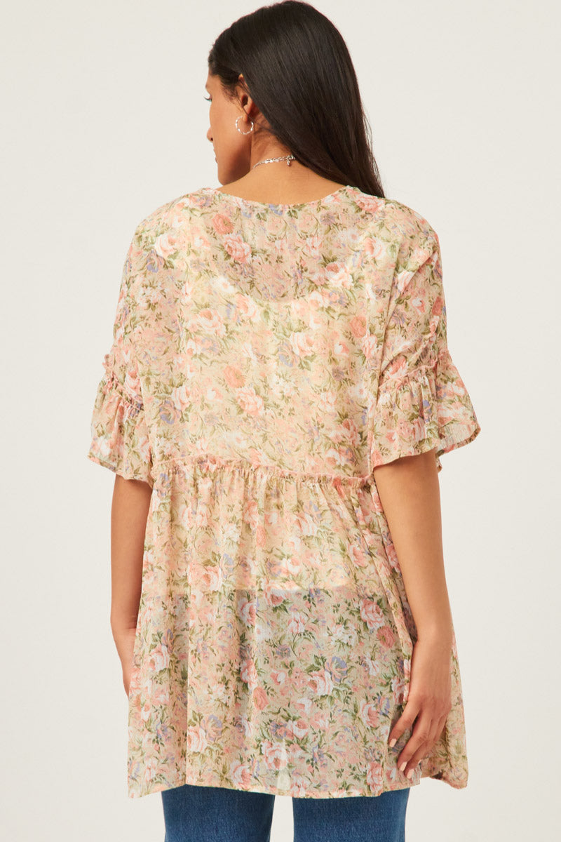 HY5927 Pink Womens Antique Romantic Floral Ruffle Sleeve Open Kimono Back