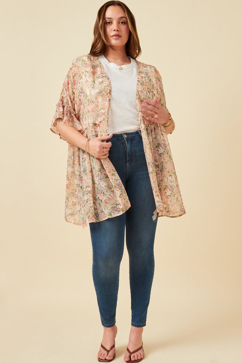 Antique Romantic Floral Ruffle Sleeve Open Kimono