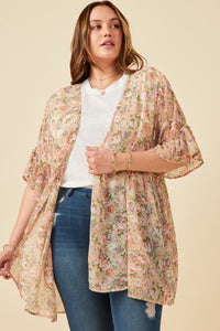HY5927W Pink Plus Antique Romantic Floral Ruffle Sleeve Open Kimono Full Body