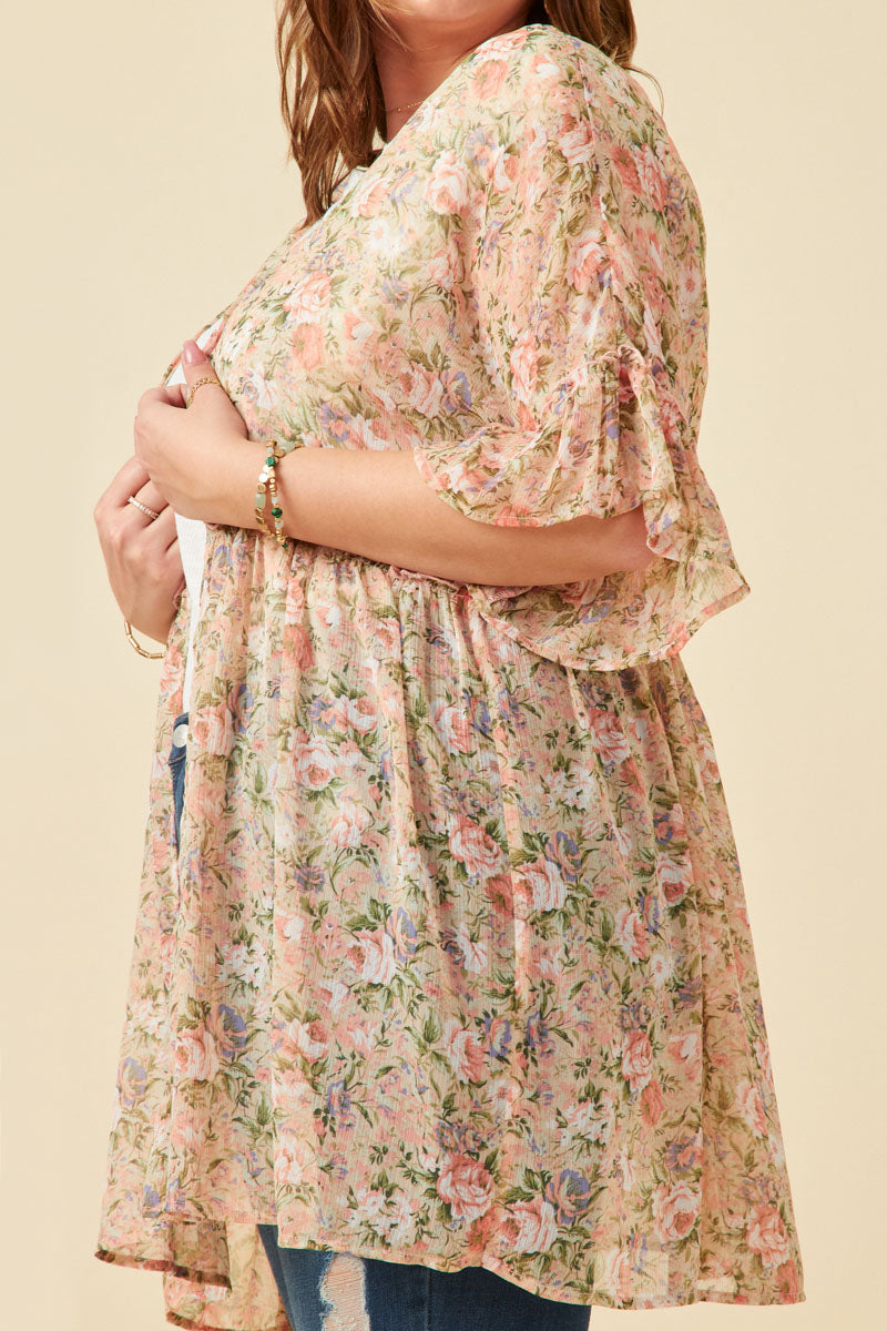 HY5927W Pink Plus Antique Romantic Floral Ruffle Sleeve Open Kimono Gif