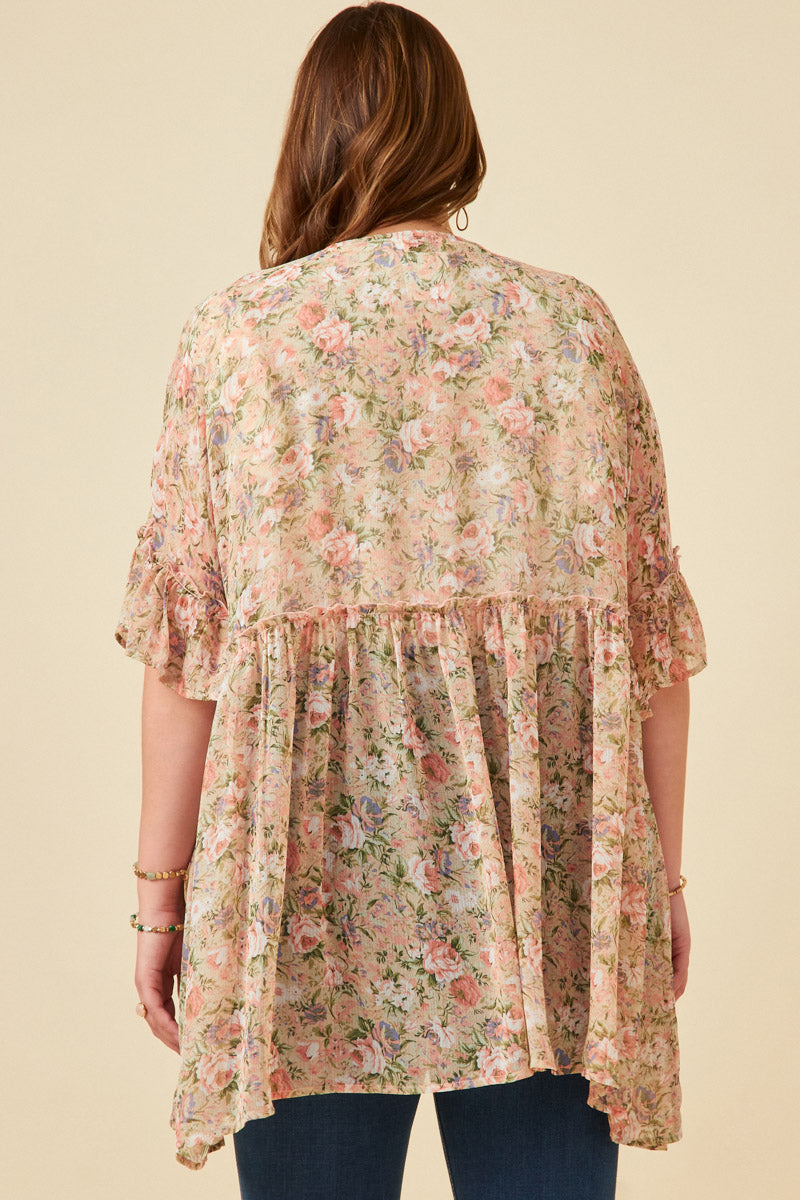 HY5927W Pink Plus Antique Romantic Floral Ruffle Sleeve Open Kimono Front