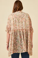 HY5927W Pink Plus Antique Romantic Floral Ruffle Sleeve Open Kimono Front