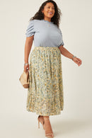 HY5928W Mint Plus Chiffon Floral Tiered Elastic Waist Midi Skirt Full Body
