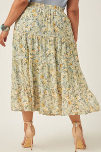 HY5928W Mint Plus Chiffon Floral Tiered Elastic Waist Midi Skirt Front
