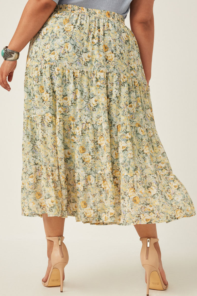 HY5928W Mint Plus Chiffon Floral Tiered Elastic Waist Midi Skirt Front